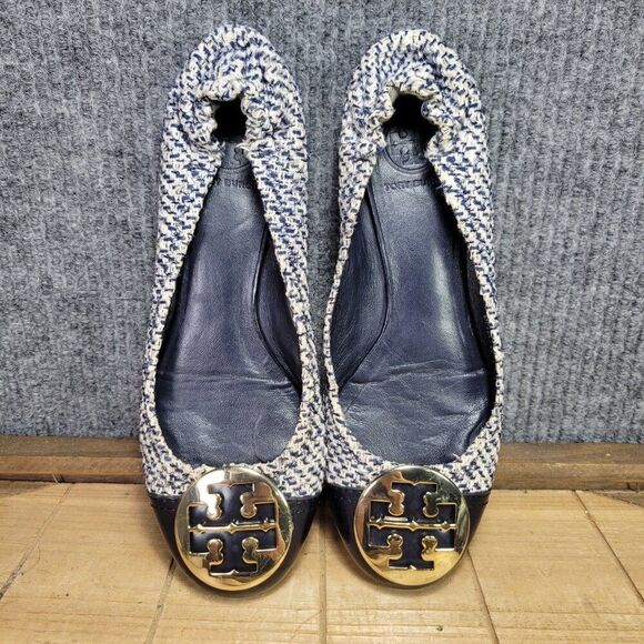 Tory Burch Reva Size 8.5 Ballet Flats Navy Blue White Woven Tweed Leather - Picture 1 of 9